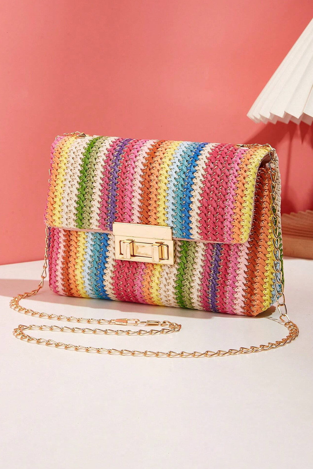 Sac à bandoulière bohème tissé multicolore avec chaîne dorée