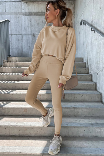 Ensemble deux pièces beige uni sweat-shirt et leggings