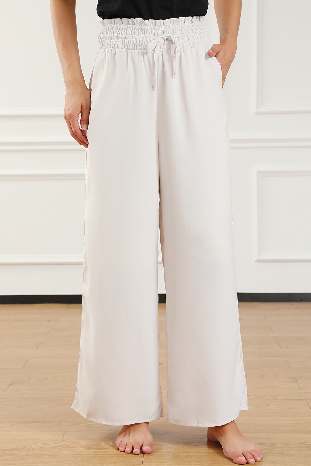 Beige Smocked High Waist Wide Leg Pants