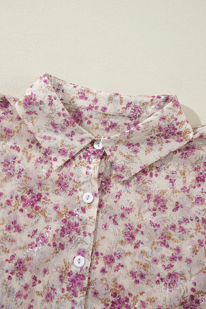 Camisa com gola em V com estampa floral rosa e manga bispo