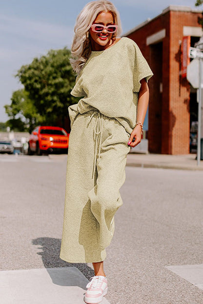 White Textured Loose Fit T Shirt and Drawstring Pants Set