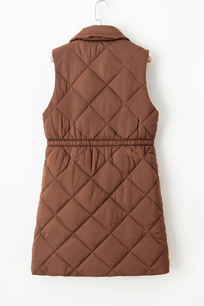 Black Longline Quilted Stand Collar Puffer Vest