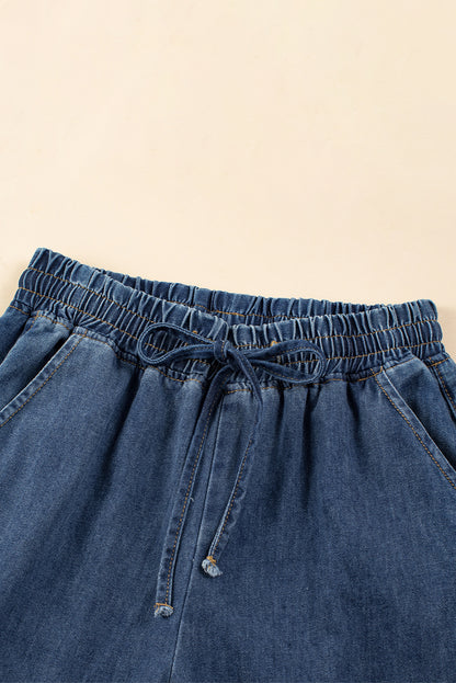 Jeans de perna larga com cordão cinza médio e cintura elástica