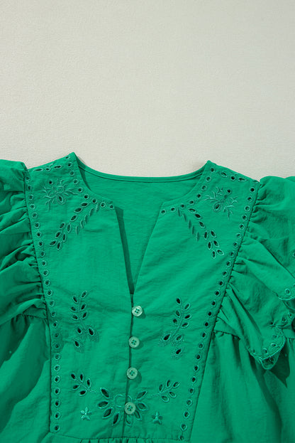 Bright Green Embroidered Ruffled Trim 3/4 Sleeve V Neck Mini Dress