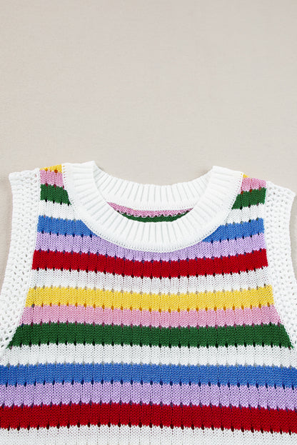 Multicolour Striped Knitted Eyelet Slim Sweater Vest