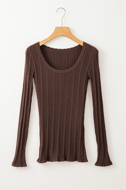 Coffee Solid Color Rib Knit U Neck Slim Fit Long Sleeve Top