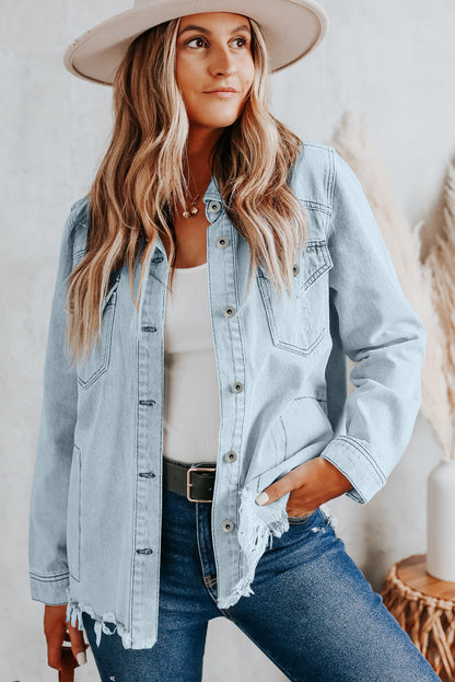 Sky Blue Flap Pocket Buttoned Raw Hem Denim Jacket