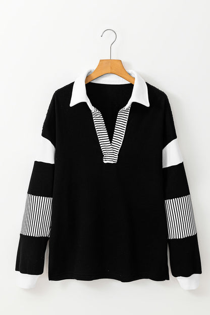 Black Striped Colorblock Patchwork Collar Sweatshirt