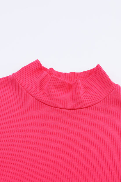 Rose Ribbed Knit High Neck Long Sleeve Top