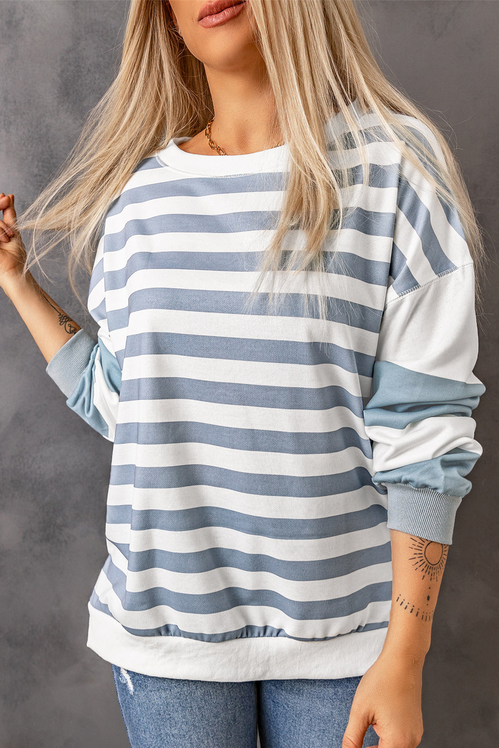 Black Stripe Drop Shoulder Striped Pullover Sweatshirt