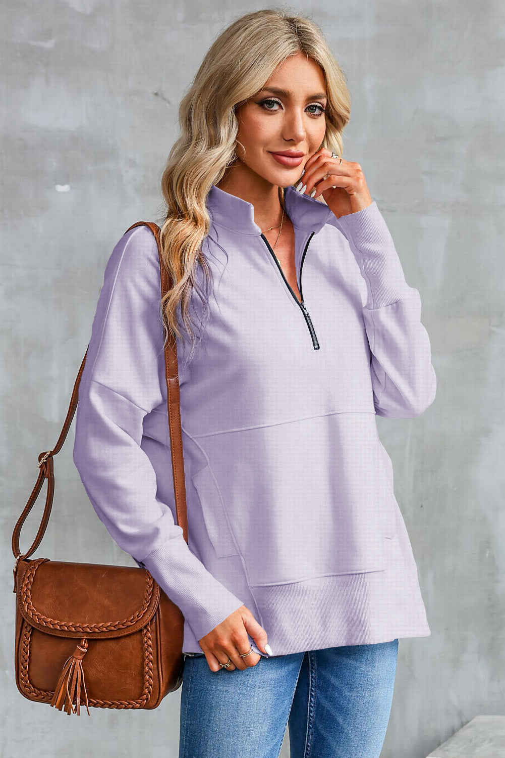 Purple Oversized Quarter-Zip Pullover Sweatshirt