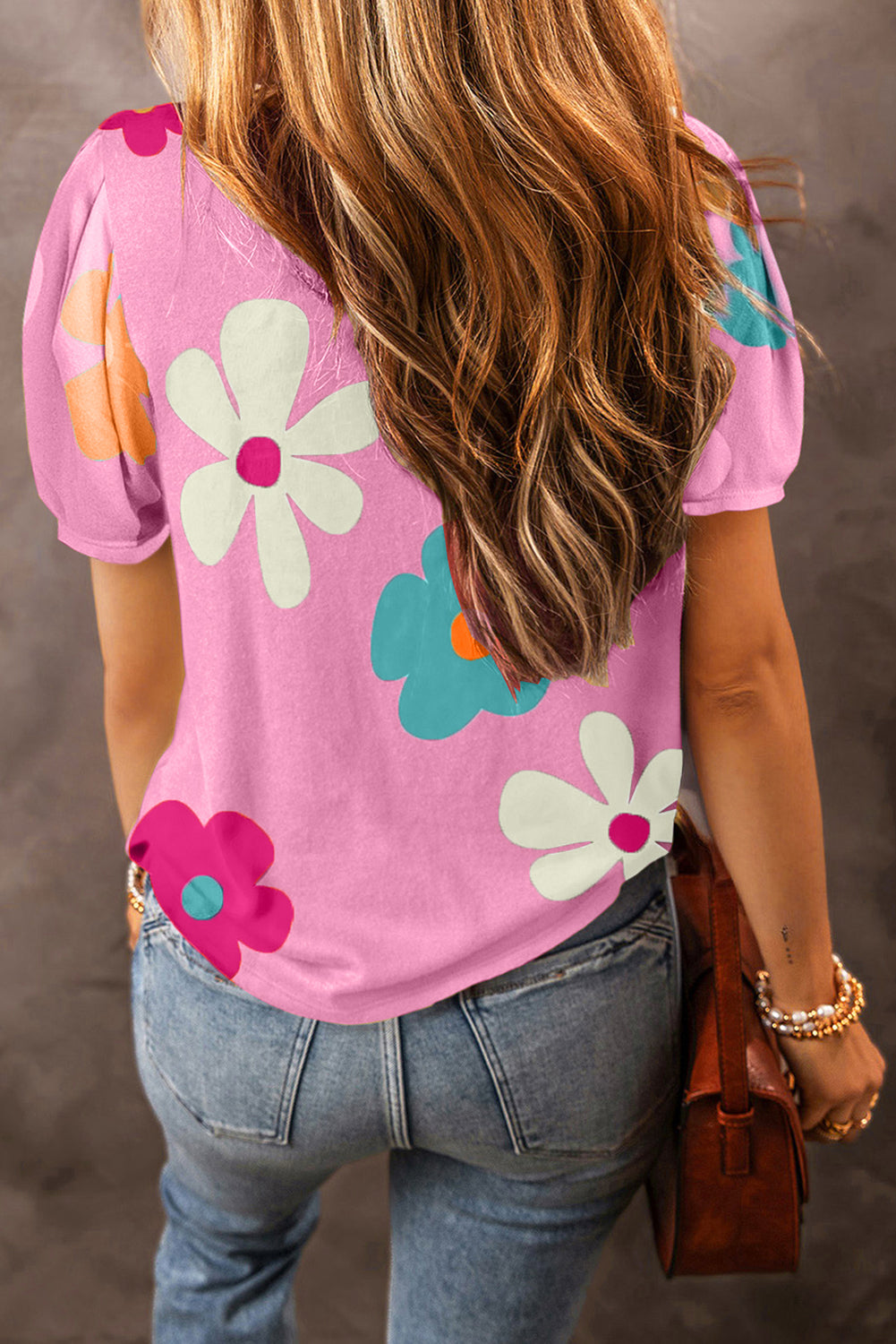 Camiseta manga bolha com estampa de flor rosa