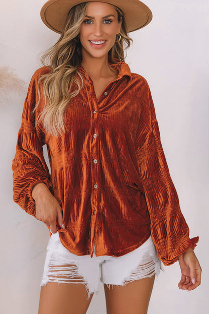 Brown Solid Color Textured Velvet Button Up Shirt