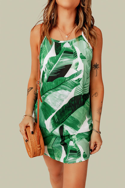 Palm Tree Leaf Print Ivory Sleeveless Dress