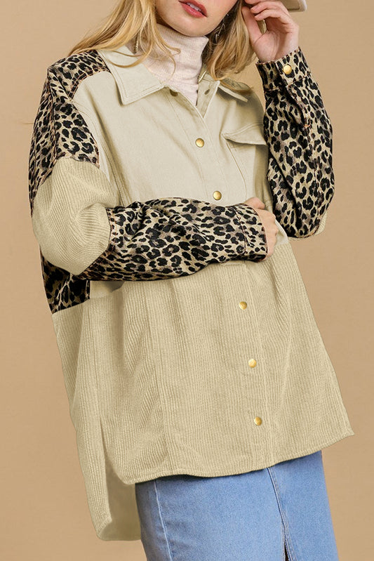 Beige Leopard Patchwork High Low Shirt Jacket