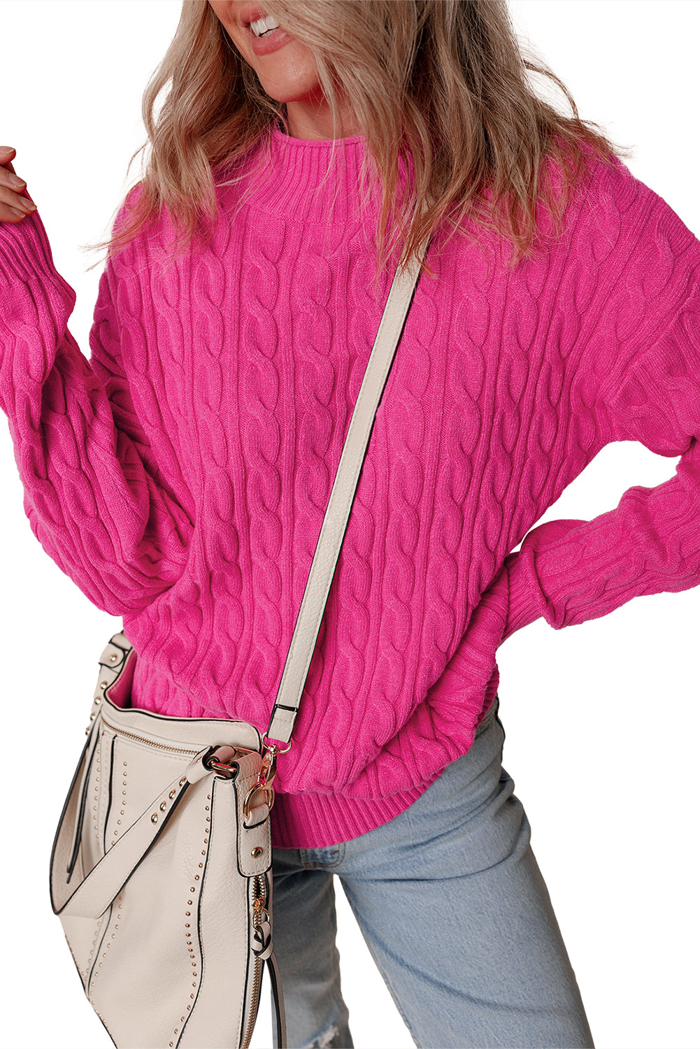 Rose Red Solid Cable Knit High Neck Drop Shoulder Sweater