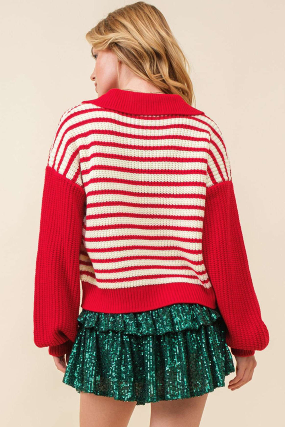 Red Stripe Lantern Sleeve V Neck Collared Drop Shoulder Sweater