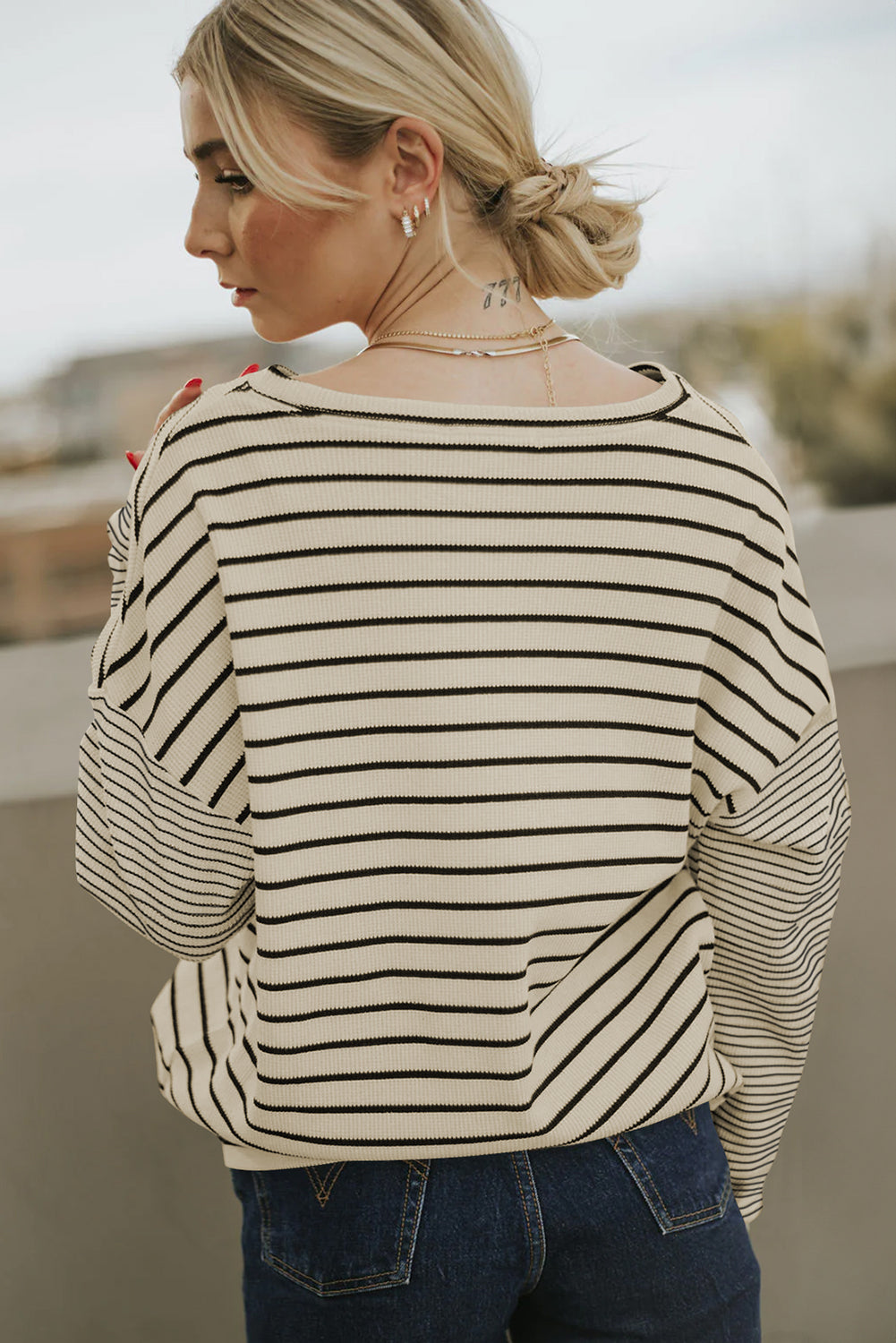 Black Stripe Patchwork Loose Long Sleeve Tee