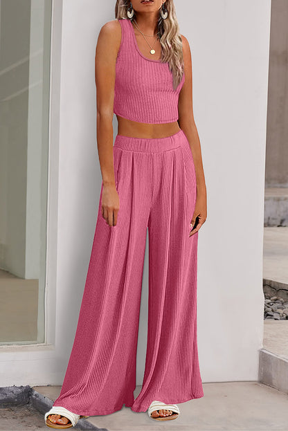 Parchment Textured Sleeveless Crop Top and Wide Leg Pants Outfit