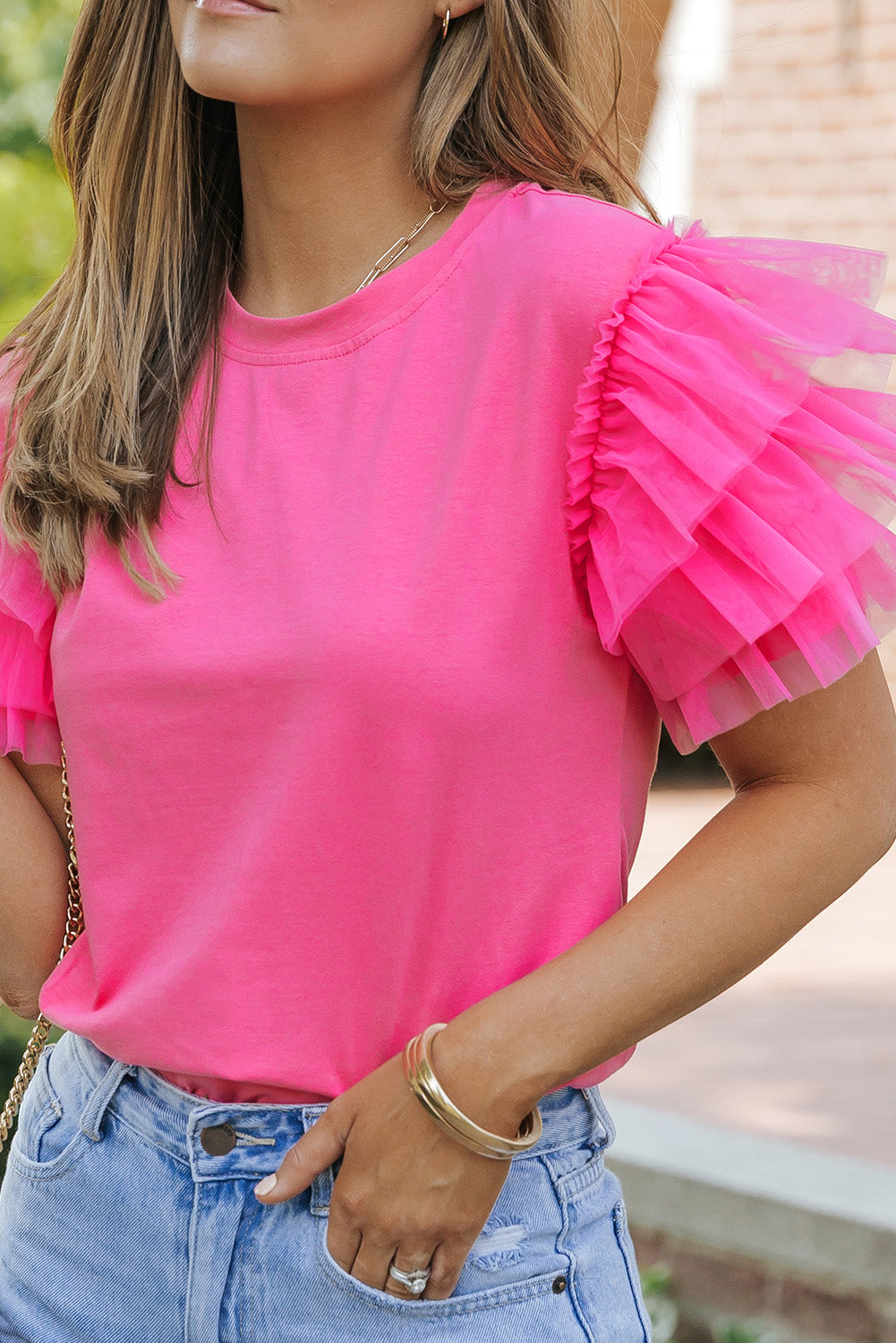 Black Tulle Ruffle Sleeve Blouse