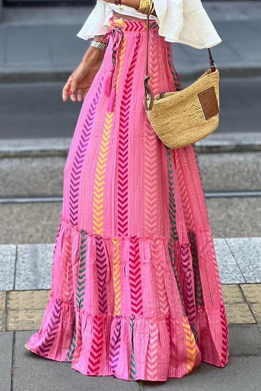 Saia maxi rosa boho estampada com borlas e babados com cordão