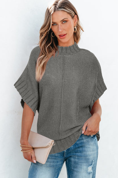 Medium Grey Mock Neck Batwing Short Sleeve Knit Sweater