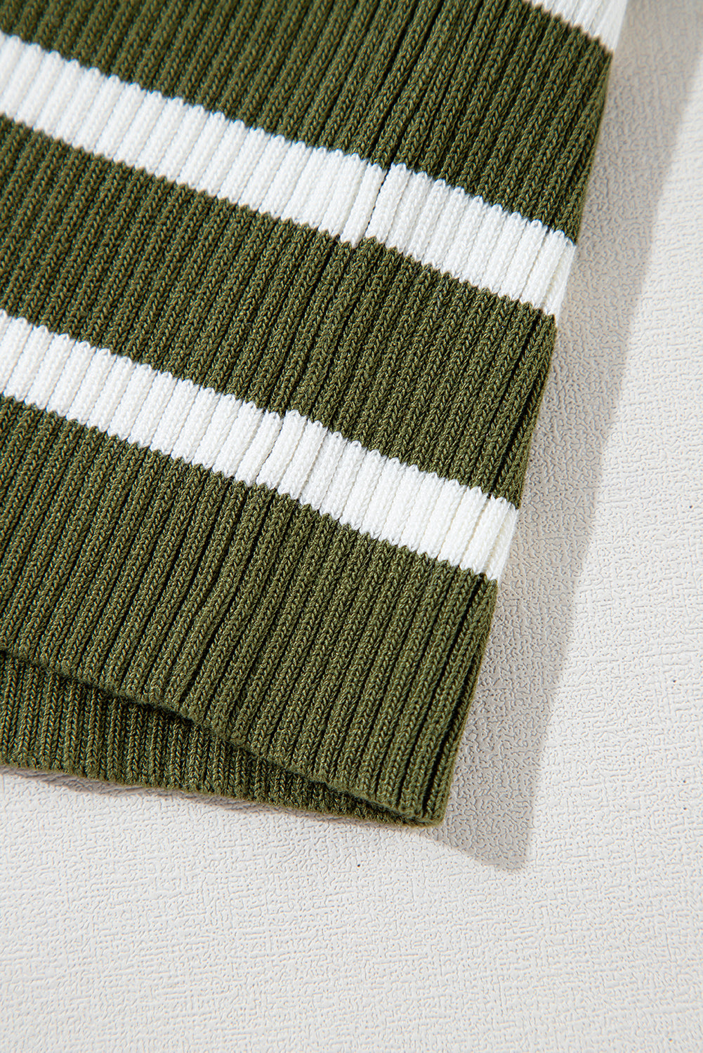 Green Stripe Ribbed Knit Henley Buttons Slim Fit Sweater