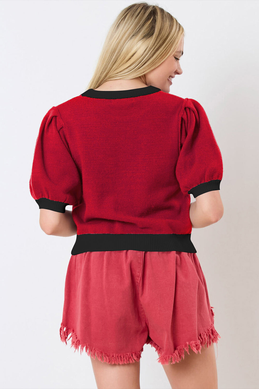 Red Sequin Rugby Color Block Puff Short Sleeve Sweater