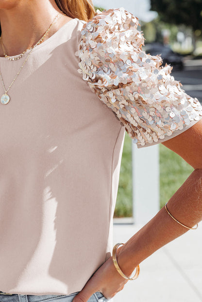 Khaki Ruched Sequin Sleeve Crew Neck Top