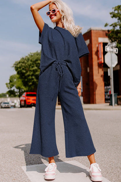 White Textured Loose Fit T Shirt and Drawstring Pants Set