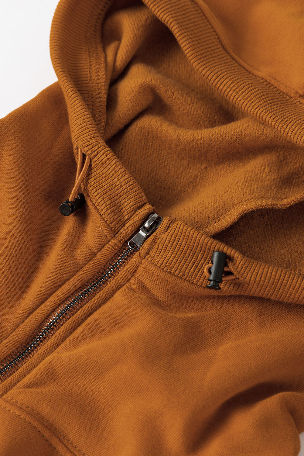 Yellow Ribbed Trim Kangaroo Pocket Zipped Hoodie