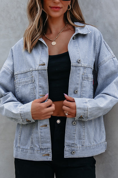 Blue Stripe Washed Oversize Pocketed Denim Jacket