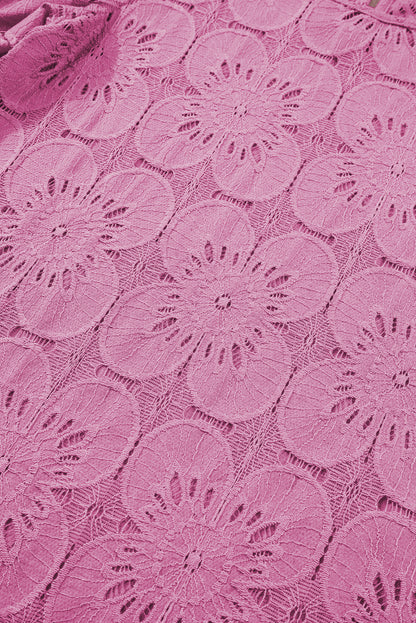 Haut à manches volantées en jacquard à œillets et fleurs rose vif