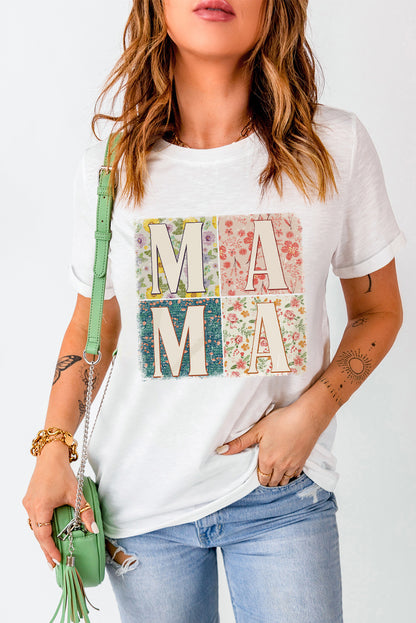 Camiseta casual com gráfico de bloco floral branco MAMA