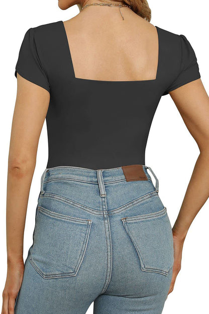 Black Overlap Short Sleeve Square Neck Bodysuit