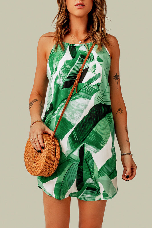 Palm Tree Leaf Print Ivory Sleeveless Dress