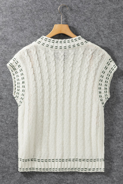 White Contrast Trim V Neck Cable Knit Sweater Vest