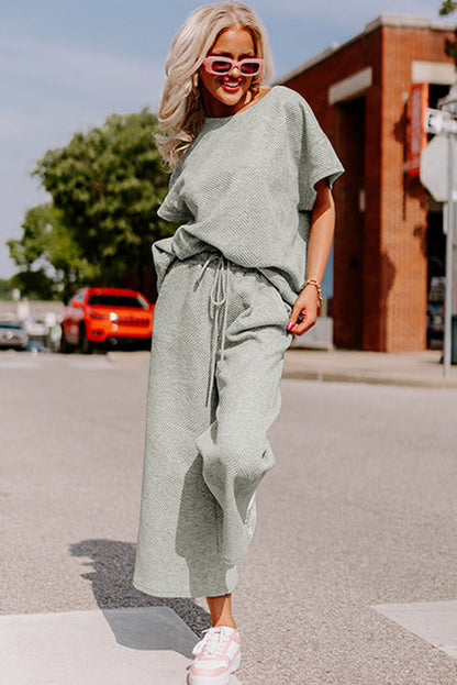 White Textured Loose Fit T Shirt and Drawstring Pants Set