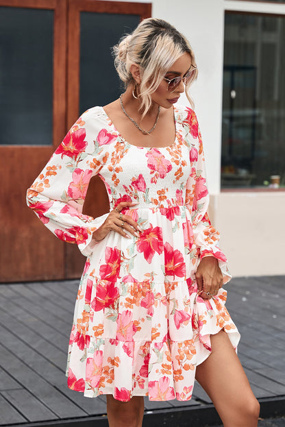 Fiery Red Smocked Tiered Floral Dress