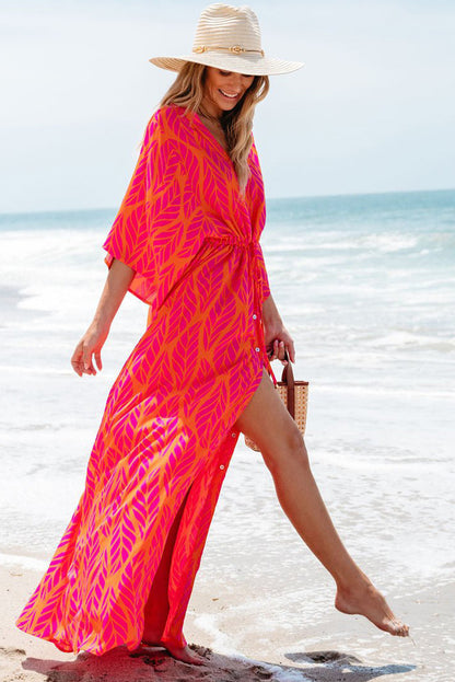 Orange Leafy Print 3/4 Sleeve V Neck Buttoned Split Maxi Dress