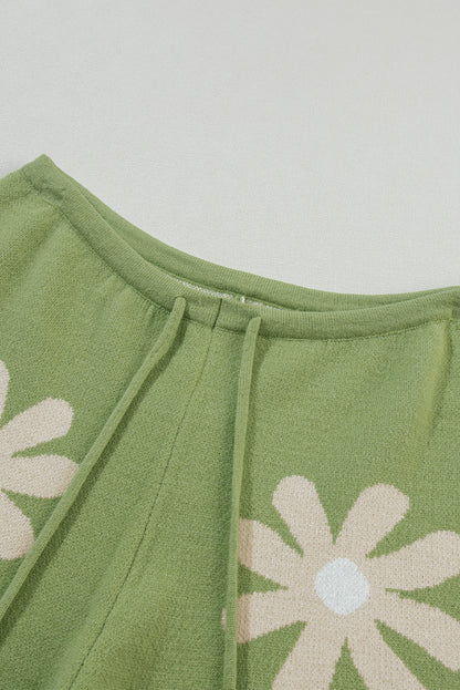 Conjunto de suéter e shorts de malha com manga bolha com estampa de flor verde