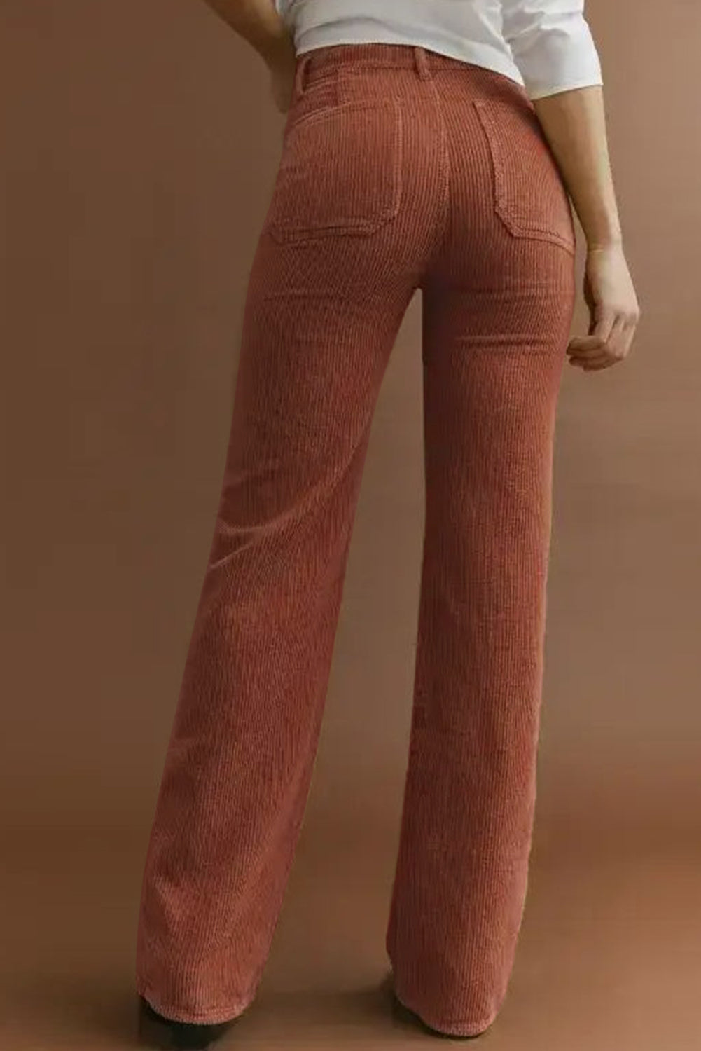 Brown High Waist Square Pockets Corduroy Pants