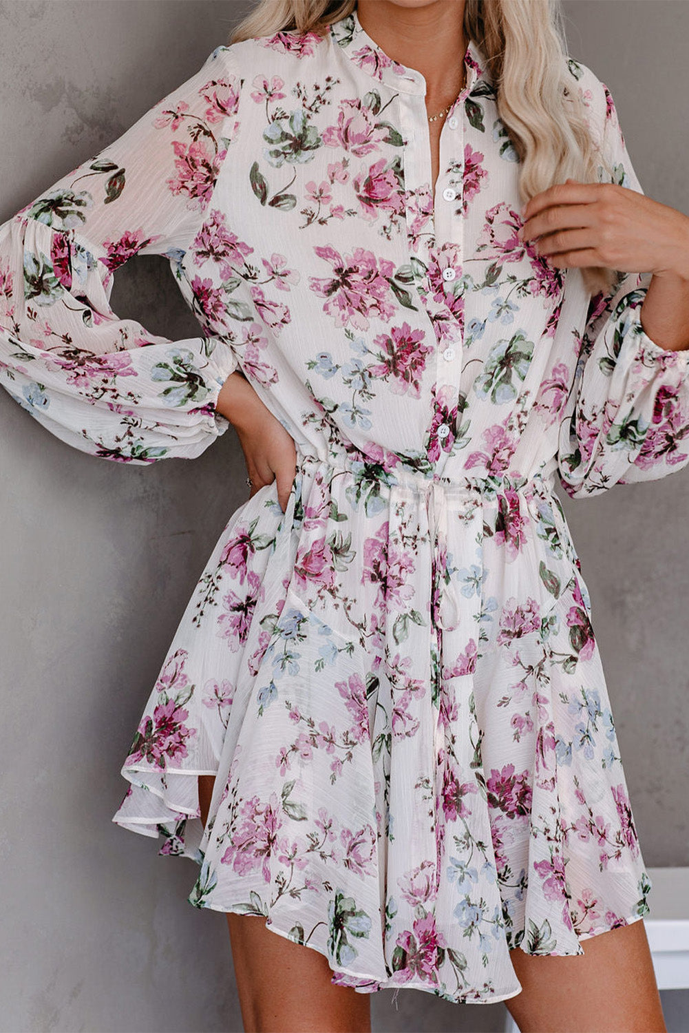 Vintage Floral Print Drawstring Flowy Dress