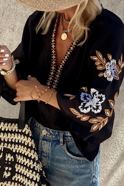 Black Bohemian Floral Embroidered V Neck Blouse