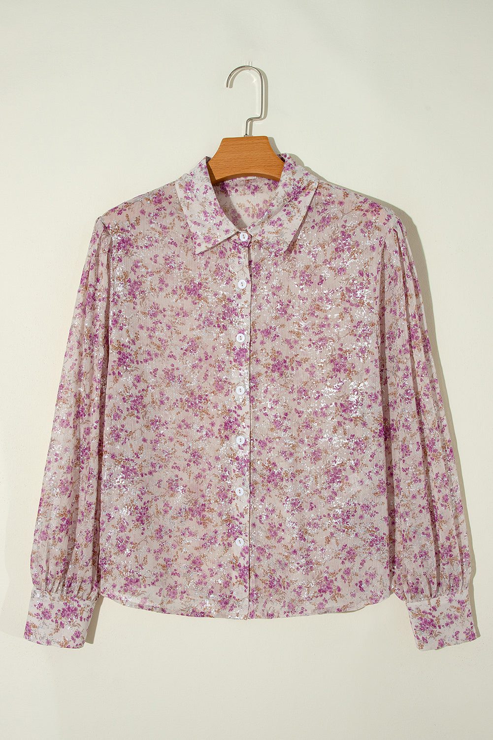 Pink Floral Print Bishop Sleeve Collared V Neck Shirt