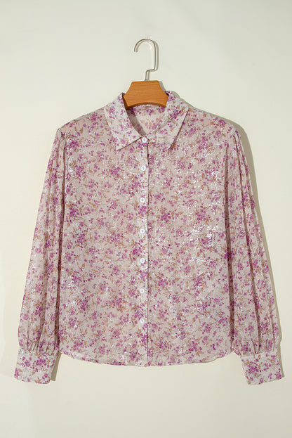 Camisa com gola em V com estampa floral rosa e manga bispo