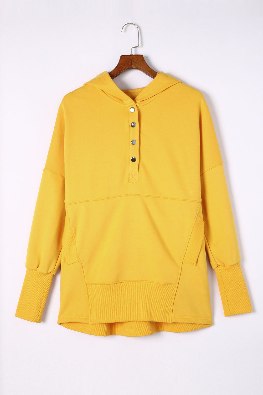 Yellow Batwing Sleeve Pocketed Henley Hoodie