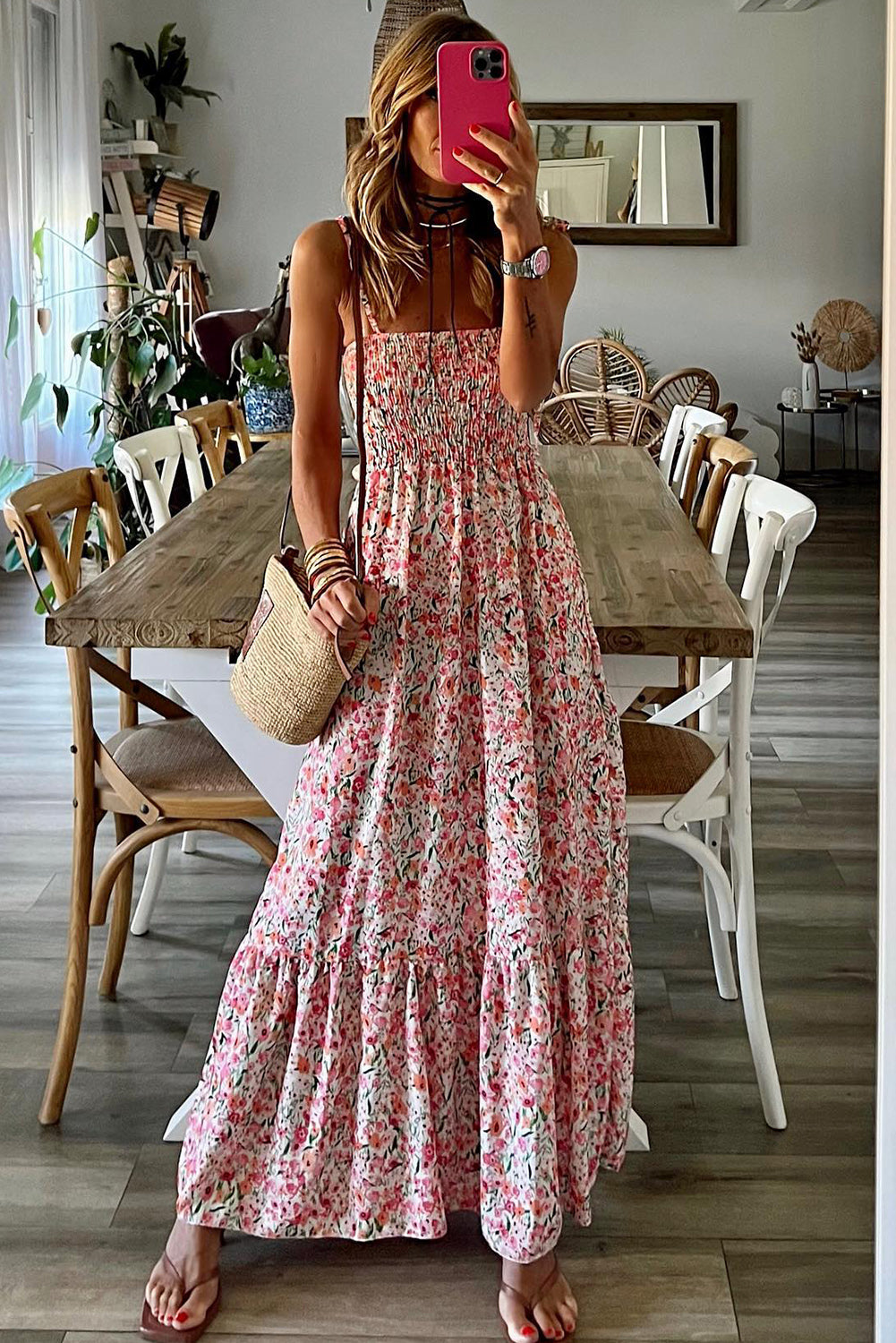 White Boho Floral Smocked Ruffled Maxi Dress - Posh Discount