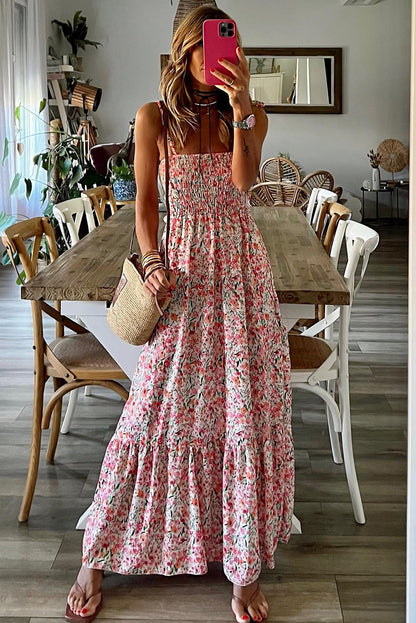 White Boho Floral Smocked Ruffled Maxi Dress - Posh Discount