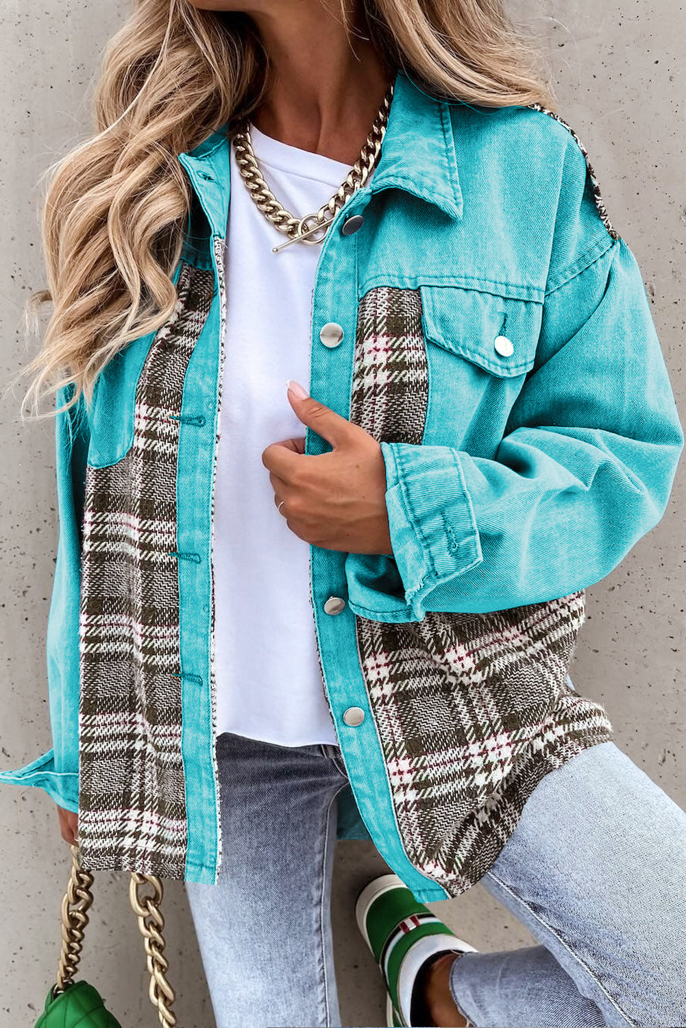 Brown Plaid Patchwork Pockets Denim Jacket